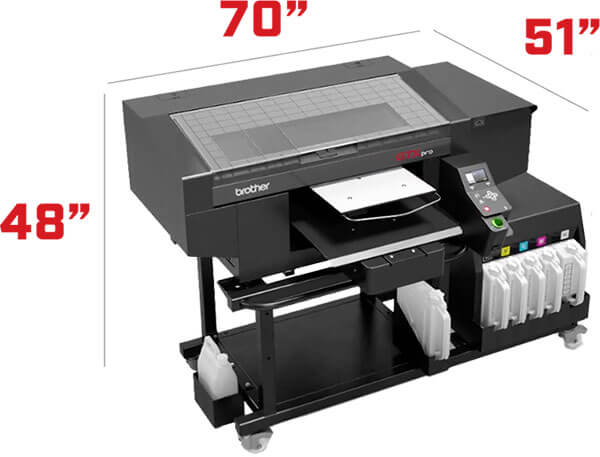 A Brother GTXpro B Direct to Garment printer featuring a black exterior with a garment loaded for printing and ink cartridge slots on the side.