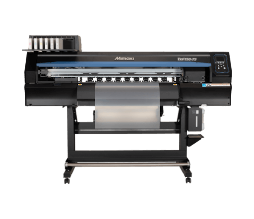 Mimaki TxF150-75 DTF printer with a sleek black and blue design, featuring a loaded roll of printing material, ink cartridges and a control panel on the right.