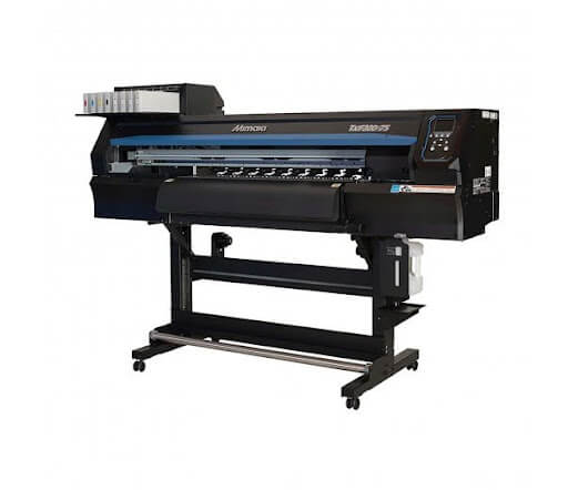 Mimaki TxF300-75 DTF printer with a roll of film loaded, ink cartridges lined up on top and a touch panel display on the front.