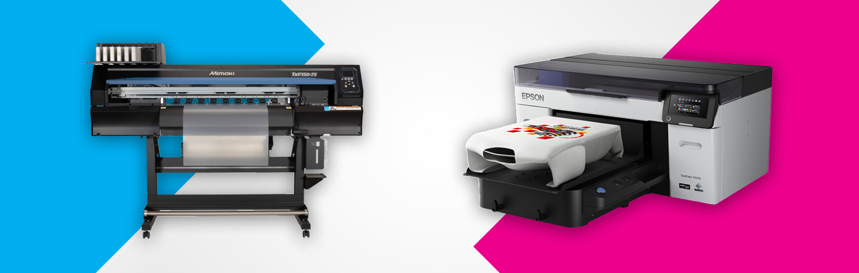 two t shirt printing machines overlaid over blue, pink and white graphic background
