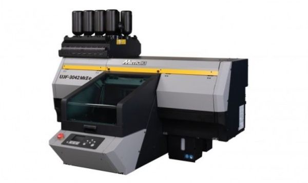 Mimaki UJF-3042 MkII e UV-LED flatbed printer with new silver and black colorway.