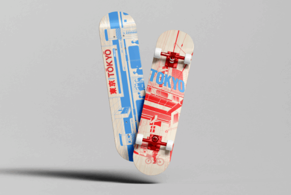 Custom printed skateboards with Tokyo-themed graphics created using UV-DTF printing
