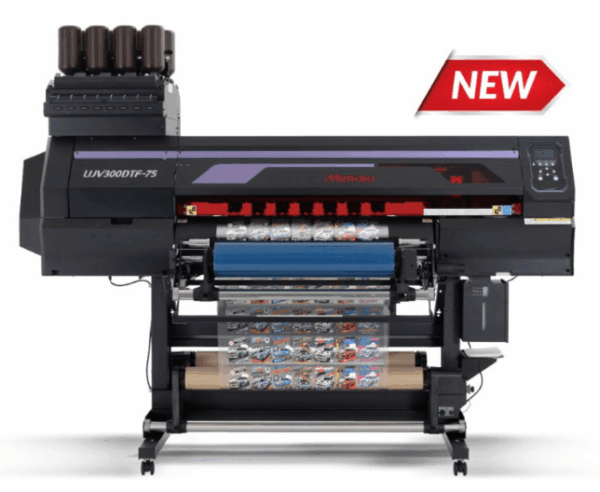Mimaki UJV300DTF-75 UV-DTF printer showing roll-to-roll film system with printed transfers on adhesive film